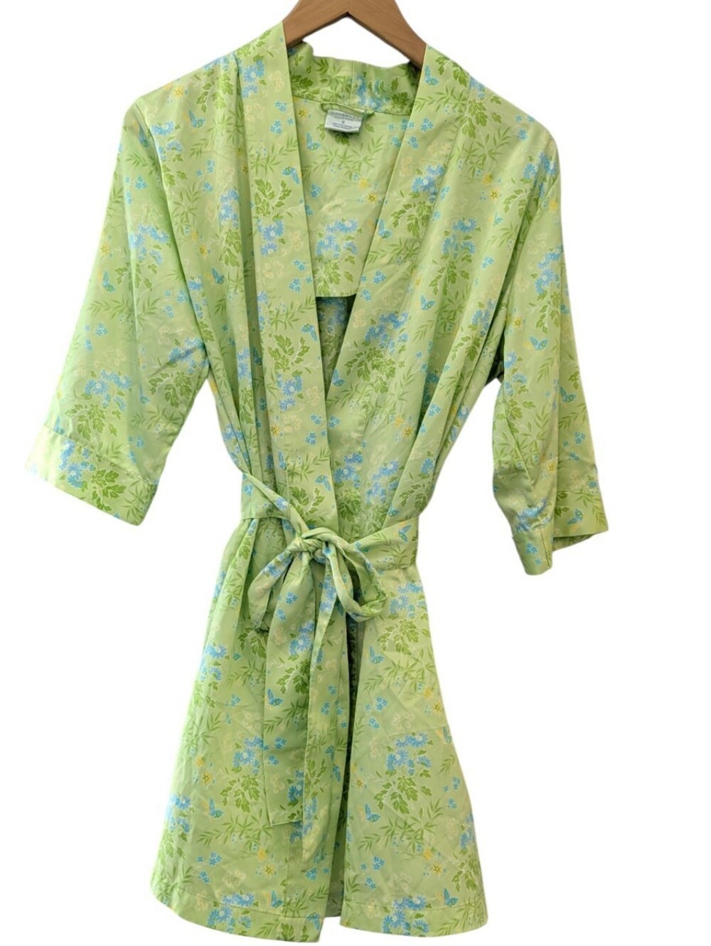 Vintage Cabernet Green Floral Kimono Robe Small Butterfly Print Cottagecore